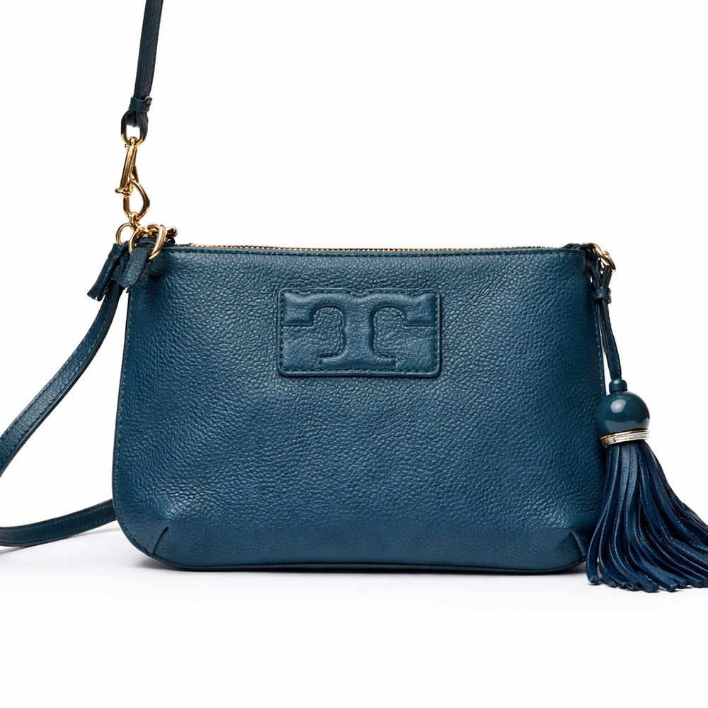 Tory Burch slim crossbody teal with removable tassel fisherman’s bobber tassel